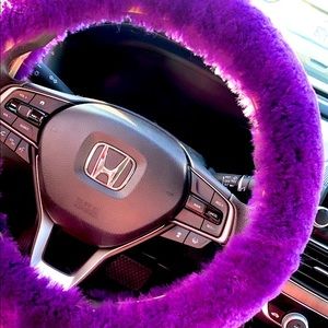 Purple winter warm fur car accessories furry steering wheel cover 3 piece set
